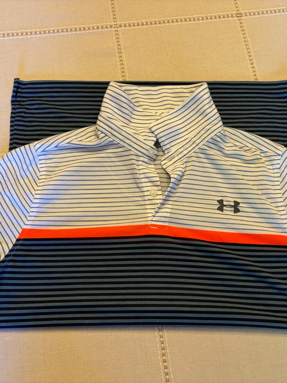 Under Armour Boys Navy White and Orange Striped Polo